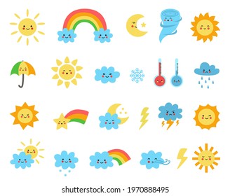 Set of cute vector weather elements in cartoon style. Collection of childish illustrations.