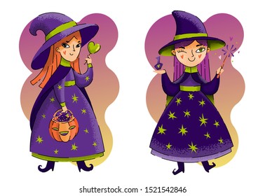 Set of cute vector witch characters. Funny holiday vector illustration. Pumpkin bowl with candies, spell making girls. 
