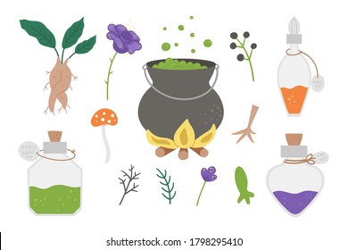 Set of cute vector witchcraft elements. Magic potion making objects. Halloween icons collection. Funny autumn all saints eve illustration with cauldron, herbs, bottles. Samhain party design for kids