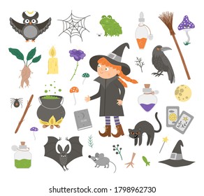 Set of cute vector witchcraft elements and witch. Halloween icons collection. Funny autumn all saints eve illustration with girl, black cat, spell book, broom, cauldron. Samhain party sign design