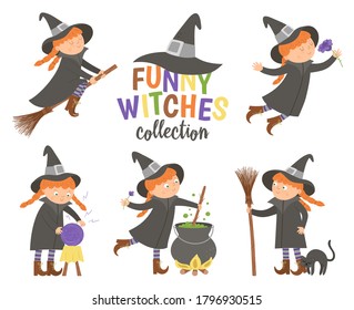 Set of cute vector witches. Halloween characters icons collection. Funny autumn all saints eve illustration with girl on a broom, with cauldron, cat, magic ball. Samhain party sign design for kids. 
