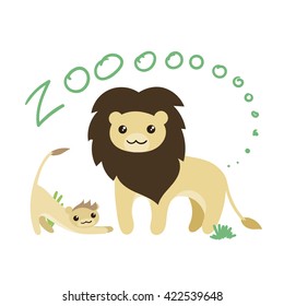 Set of Cute Vector Zoo Animal. Kawaii eyes and style. Doodle illustration. Leon.