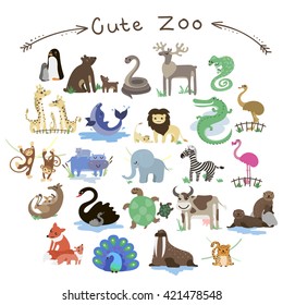 Set of Cute Vector Zoo Animals. A lot of different animals. Kawaii eyes and style. Wildlife collection.