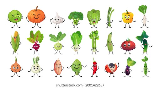 establecer personajes vegetales bonitos dibujos animados mascota personajes colección concepto de comida saludable aislamiento horizontal