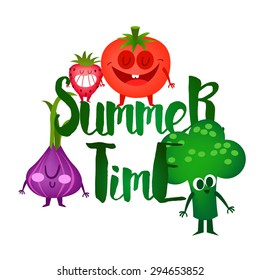 A set of cute vegetable. Illustration with funny characters. Healthy food. Family. RAW. Summer time.