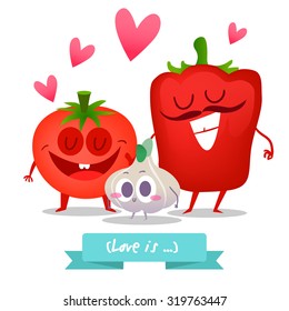 A set of cute vegetable. Illustration with funny characters.  Healthy food. Family.  RAW. Summer time.Pepper, garlic, tomato.