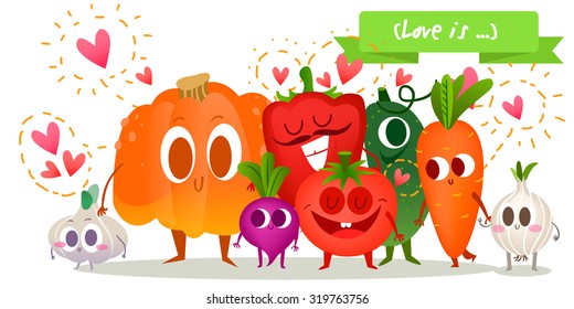 A set of cute vegetable. Illustration with funny characters.  Healthy food. Family.  RAW. Summer time.