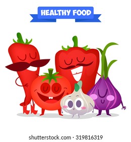 A set of cute vegetable. Illustration with funny characters.  Healthy food. Pepper, garlic, tomato. Family.  RAW. Summer time. 