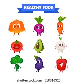 A set of cute vegetable. Illustration with funny characters.  Healthy food. Family.  RAW. Summer time. 
