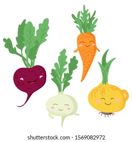 Set of Cute vegetables: beetroot, onion, turnip, carrot. Root-crops. Happy smiling vegetables. Healthly food. Kawaii vector characters isolated on white background.