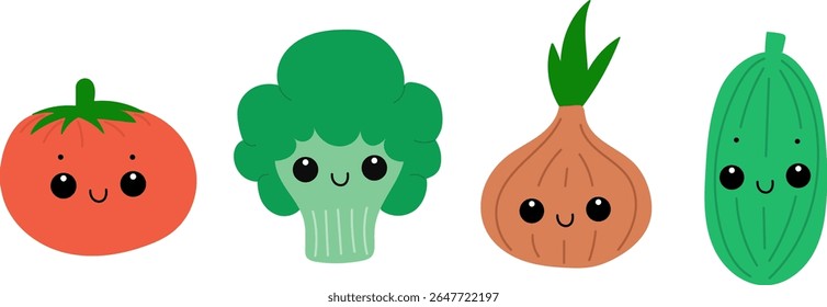 Set of cute vegetables. Broccoli, tomato, onion, cucumber.