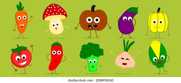 set of cute vegetables character with different poses and emotions