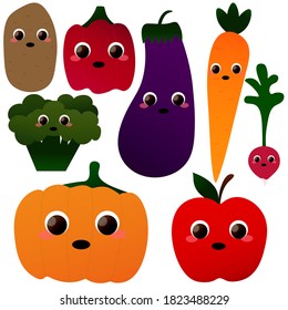Set of cute vegetables characters in cartoon style on white background - eggplant, radish, potato, pumpkin, carrot, pepper, broccoli and apple, healthy food concept