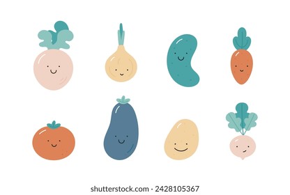 Set with cute vegetables characters. Fresh healthy vegetarian food. Farm harvest. Vector illustration in cartoon flat style. Beetroot, onion, eggplant, cucumber, tomato, carrot, potato, radish.