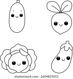 Set of cute vegetables. Cucumber, radish, cabbage, eggplant