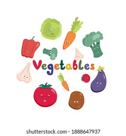 
Set of cute vegetables with eyes on an isolated white background. Cartoon vector illustration in flat style, healthy eating and veganism theme collection