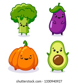 Set of cute vegetables with faces. Funny avocado, pumpkin, eggplant and broccoli. Vector illustration