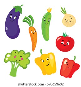 Set of cute vegetables in the form of characters. Eggplant, tomato, cucumber, onion, paprika, pepper, broccoli and carrots. 