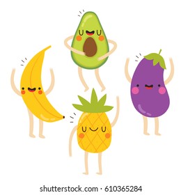 set of cute vegetables and fruits with funny faces on white background. funny avocado, eggplant, banana and pineapple set. can be used for greeting cards or posters