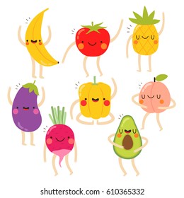 set of cute vegetables and fruits with funny faces on white background. funny vegetables and fruits set. can be used for greeting cards or posters