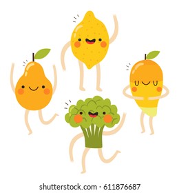 set of cute vegetables and fruits with funny faces on white background. cute lemon, broccoli, pear and mango set. can be used for greeting cards or posters