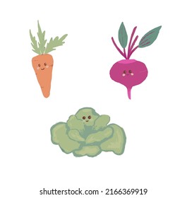 Conjunto de lindas verduras. Verdura feliz. Ilustración infantil