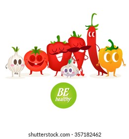 A set of cute vegetables. Illustration with funny characters.  Healthy food. RAW. 