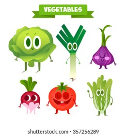 A set of cute vegetables. Illustration with funny characters.  Healthy food. RAW. 