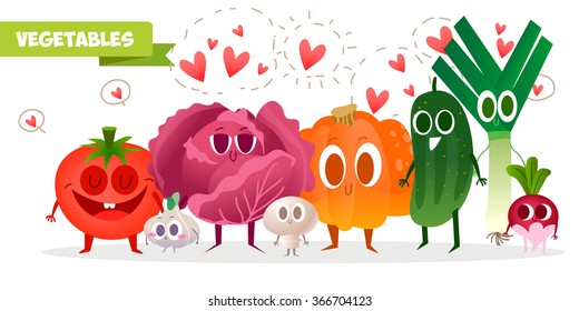 A set of cute vegetables. Illustration with funny characters. Healthy food. RAW. 