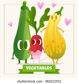 A set of cute vegetables. Illustration with funny characters.  RAW. Fresh meal. 