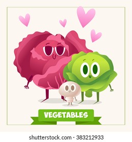 A set of cute vegetables. Illustration with funny characters.  RAW. Fresh meal. 