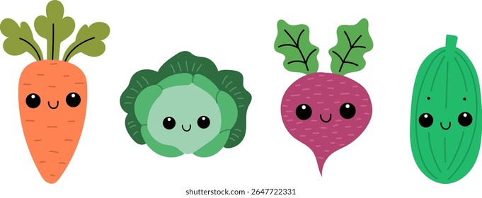 Conjunto de legumes bonitos em estilo kawaii. Vegetais sorridentes.