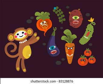 Set of cute vegetables monsters and a monkey. Vector illustration for your background.