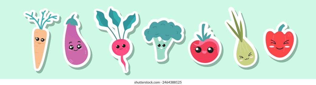 Conjunto de pegatinas de verduras lindas. Gráfico infantil. Vector dibujado a mano ilustración estilo plano kawaii divertido brócoli, zanahoria, pimienta, tomate, berenjena, rábano, cebolla