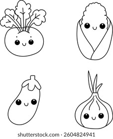 Set of cute vegetables. Tomato, corn, eggplant, onion