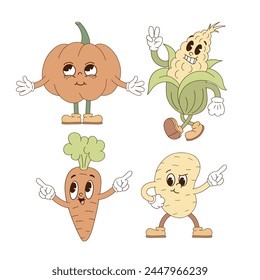 Conjunto de personajes de mascotas de verduras lindas calabaza maíz zanahoria papa Ilustración vectorial aislado en blanco. Retro groovy natural comida orgánica saludable granja verduras impresión poster diseño de postal