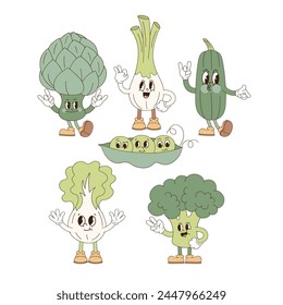 Set of cute veggies cartoon mascot characters artichoke leeks zucchini peas lettuce broccoli vector illustration isolated on white. Retro groovy natural organic healthy food farm vegetables print