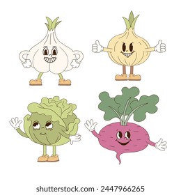 Set of cute veggies cartoon mascot characters garlic onion cabbage beetroot vector illustration isolated on white. Retro groovy natural organic healthy food farm vegetables print poster postcard