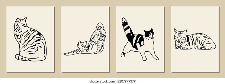 Set of cute vertical abstract posters in retro asian style with cats for your poster, flyer or banner.