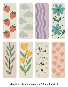 Set of cute vertical bookmarks with strawberries clouds flowers hearts and motivational quote You can do it. Soft pastel colors and flat design. Great for print decoration or planner use. Vector