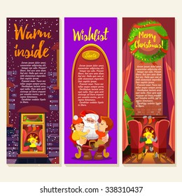 Set of cute vertical christmas and new year banner templates with winter window,family at fireplace and santa with kids. Vector illustrationÂ 