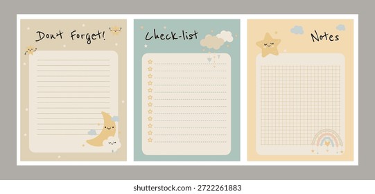 Um conjunto de páginas verticais bonitas para um diário ou notebook. Formato vertical. Vários desenhos com estrelas, arco-íris e nuvens.