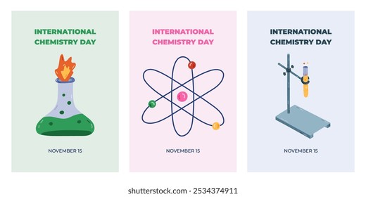 Conjunto de carteles de Vertical lindos para el Día Internacional de la Química el 15 de noviembre con ciencia de dibujos animados y Clipart químico. Concepto de vacaciones minimalistas para el Anuncio, Plantilla de fondo para el Sitio web, medios de comunicación.