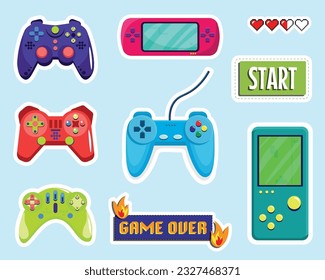 Set of cute video game stickers in cartoon style. Vector illustration of multicolored stickers with wired and wireless joysticks, Start and Game over inscriptions isolated on blue background.