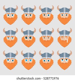 Set of cute viking emoticons. Vector illustration.