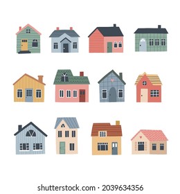 Conjunto de preciosas casas de pueblo. Ilustración vectorial dibujada para mapa, afiche o patrón.