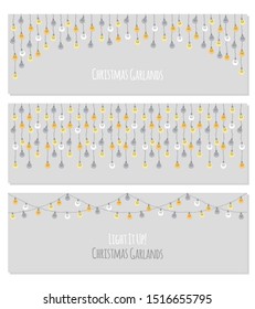Set of cute vintage Christmas designs with hand drawn light bulb garlands horizontal backround, can be used as template for banner, card or flyer, vector illustration for your decoration
