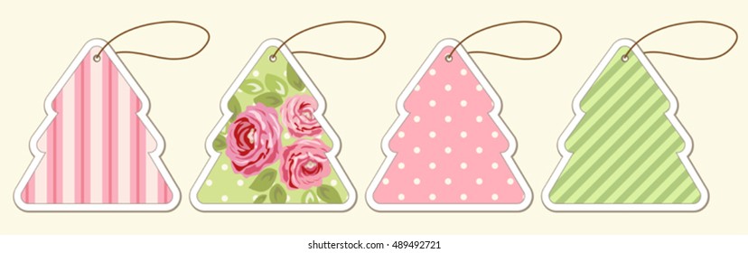 Set of cute vintage Christmas tree price tags in shabby chic style