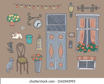 Set of cute vintage details of european city Tallinn. Hand-drawn vector illustration.