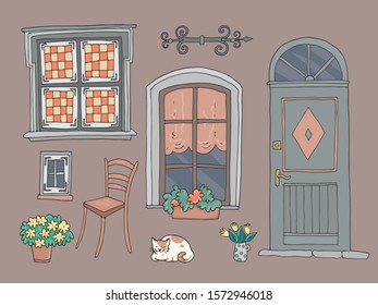 Set of cute vintage details of european city Tallinn. Hand-drawn vector illustration.